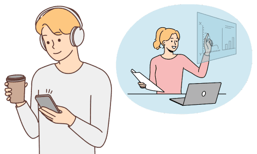 スマートフォンでLINE公式アカウントの設計の打ち合わせをしている男性。