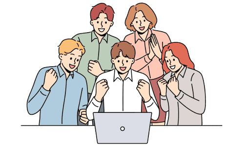 LINE公式アカウントを完成させ、喜んでいる設計チーム。